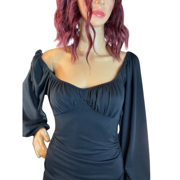 (6 for $25) Lantern Sleeve Ruched Mini Dress in Black Size Small - Picture 5 of 11